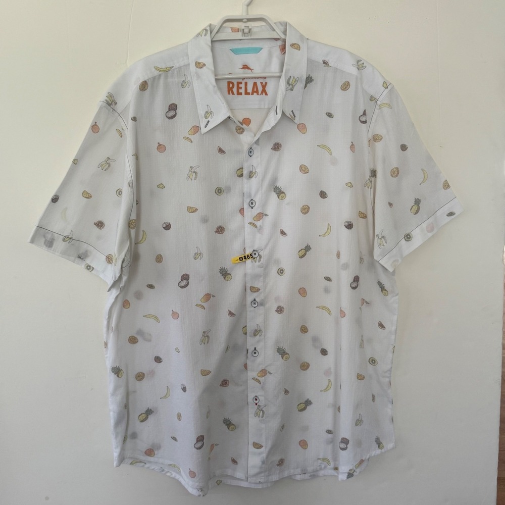 Tommy Bahama Relax Mens White Button-Up Shirt XXL Fruit Print 100% Linen